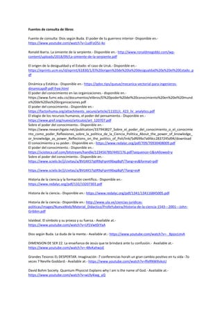 Fuentes de consulta de libros
Fuente de consulta: Dios según Buda. El poder de tu guerrero interior- Disponible en.-
https://www.youtube.com/watch?v=1udFoO5J-4o
Ronald Ibarra. La simiente de la serpiente.- Disponible en.- http://www.ronaldmegiddo.com/wp-
content/uploads/2018/09/La-simiente-de-la-serpiente.pdf
El origen de la desigualdad y el Estado: el caso de Uruk.- Disponible en.-
https://eprints.ucm.es/id/eprint/61830/1/El%20origen%20de%20la%20desigualdad%20y%20el%20Estado..p
df
Dinámica y Estática.- Disponible en.- https://qdoc.tips/queue/mecanica-vectorial-para-ingenieros-
dinamicapdf-pdf-free.html
El poder del conocimiento en las organizaciones.- disponible en.-
https://www.fumc.edu.co/documentos/elibros/El%20poder%20del%20conocimiento%20en%20el%20mund
o%20de%20las%20organizaciones.pdf
El poder del conocimiento.- Disponible en.-
https://factorhuma.org/attachments_secure/article/11101/c_423_hr_analytics.pdf
El elogio de los recursos humanos, el poder del pensamiento.- Disponible en.-
https://www.gref.org/nuevo/articulos/art_120707.pdf
Sobre el poder del conocimiento.- Disponible en.-
https://www.researchgate.net/publication/337943827_Sobre_el_poder_del_conocimiento_o_el_conocimie
nto_como_poder_Reflexiones_sobre_la_politica_de_la_Ciencia_Politica_About_the_power_of_knowledge_
or_knowledge_as_power_Reflections_on_the_politics_of_Poli/link/5df699a7a6fdcc2837245d94/download
El conocimiento y su poder.- Disponible en.- https://www.redalyc.org/pdf/709/70930408009.pdf
El poder del conocimiento.- Disponible en.-
https://scioteca.caf.com/bitstream/handle/123456789/449/176.pdf?sequence=1&isAllowed=y
Sobre el poder del conocimiento.- Disponible en.-
https://www.scielo.br/j/civitas/a/BVLKK57qtR9qFqnHX6xp8qP/?lang=es&format=pdf
https://www.scielo.br/j/civitas/a/BVLKK57qtR9qFqnHX6xp8qP/?lang=es#
Historia de la ciencia y la formación científico.- Disponible en.-
https://www.redalyc.org/pdf/132/13207303.pdf
Historia de la ciencia.- Disponible en.- https://www.redalyc.org/pdf/1341/134116845005.pdf
Historia de la ciencia.- Disponible en.- http://www.ula.ve/ciencias-juridicas-
politicas/images/NuevaWeb/Material_Didactico/ProfeYubeira/Historia-de-la-ciencia-1543---2001---John-
Gribbin.pdf
Islaideal. El símbolo y su proeza y su fuerza.- Available at.-
https://www.youtube.com/watch?v=Uf1Vwt0rYaA
Dios según Buda. La duda de la mente.- Available at.- https://www.youtube.com/watch?v=-_8pjocLmiA
DIMENSION DE SER 22. La enseñanza de Jesús que te brindará ante tu confusión.- Available at.-
https://www.youtube.com/watch?v=-48vKahwjsE
Grandes Tesoros EL DESPERTAR. Imaginación -7 conferencias horah un gran cambio positivo en tu vida -7o
veces 7 Neville Goddard.- Available at.- https://www.youtube.com/watch?v=ffeRNWXvkoU
David Bohm Society. Quantum Physicist Explains why I am is the name of God.- Available at.-
https://www.youtube.com/watch?v=wLfy4iwg_yQ
 