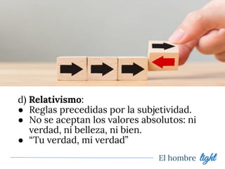 El hombre light
d) Relativismo:
● Reglas precedidas por la subjetividad.
● No se aceptan los valores absolutos: ni
verdad, ni belleza, ni bien.
● “Tu verdad, mi verdad”
 