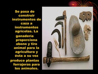 Se pasa de
     construir
 instrumentos de
       caza a
   instrumentos
   agrícolas. La
    ganadería
    proporciona
    abono y tiro
  animal para la
   agricultura y
   ésta a su vez
produce plantas
  forrajeras para
   los animales.
 
