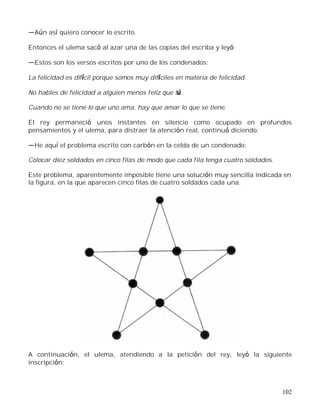 102
Aún así quiero conocer lo escrito.
Entonces el ulema sacó al azar una de las copias del escriba y leyó:
Estos son los versos escritos por uno de los condenados:
La felicidad es difícil porque somos muy difíciles en materia de felicidad.
No hables de felicidad a alguien menos feliz que tú.
Cuando no se tiene lo que uno ama, hay que amar lo que se tiene.
El rey permaneció unos instantes en silencio como ocupado en profundos
pensamientos y el ulema, para distraer la atención real, continuó diciendo:
He aquí el problema escrito con carbón en la celda de un condenado:
Colocar diez soldados en cinco filas de modo que cada fila tenga cuatro soldados.
Este problema, aparentemente imposible tiene una solución muy sencilla indicada en
la figura, en la que aparecen cinco filas de cuatro soldados cada una.
A continuación, el ulema, atendiendo a la petición del rey, leyó la siguiente
inscripción:
 