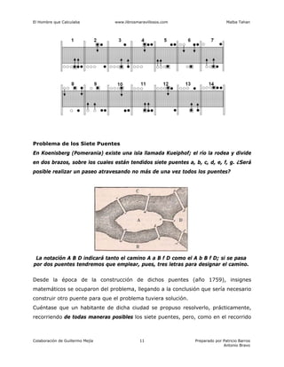 El Hombre que Calculaba www.librosmaravillosos.com Malba Tahan
Colaboración de Guillermo Mejía Preparado por Patricio Barros
Antonio Bravo
11
Problema de los Siete Puentes
En Koenisberg (Pomerania) existe una isla llamada Kueiphof; el río la rodea y divide
en dos brazos, sobre los cuales están tendidos siete puentes a, b, c, d, e, f, g. ¿Será
posible realizar un paseo atravesando no más de una vez todos los puentes?
La notación A B D indicará tanto el camino A a B f D como el A b B f D; si se pasa
por dos puentes tendremos que emplear, pues, tres letras para designar el camino.
Desde la época de la construcción de dichos puentes (año 1759), insignes
matemáticos se ocuparon del problema, llegando a la conclusión que sería necesario
construir otro puente para que el problema tuviera solución.
Cuéntase que un habitante de dicha ciudad se propuso resolverlo, prácticamente,
recorriendo de todas maneras posibles los siete puentes, pero, como en el recorrido
 