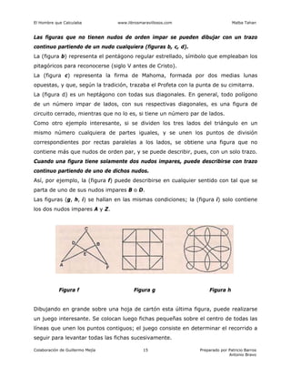 El Hombre que Calculaba www.librosmaravillosos.com Malba Tahan
Colaboración de Guillermo Mejía Preparado por Patricio Barros
Antonio Bravo
15
Las figuras que no tienen nudos de orden impar se pueden dibujar con un trazo
continuo partiendo de un nudo cualquiera (figuras b, c, d).
La (figura b) representa el pentágono regular estrellado, símbolo que empleaban los
pitagóricos para reconocerse (siglo V antes de Cristo).
La (figura c) representa la firma de Mahoma, formada por dos medias lunas
opuestas, y que, según la tradición, trazaba el Profeta con la punta de su cimitarra.
La (figura d) es un heptágono con todas sus diagonales. En general, todo polígono
de un número impar de lados, con sus respectivas diagonales, es una figura de
circuito cerrado, mientras que no lo es, si tiene un número par de lados.
Como otro ejemplo interesante, si se dividen los tres lados del triángulo en un
mismo número cualquiera de partes iguales, y se unen los puntos de división
correspondientes por rectas paralelas a los lados, se obtiene una figura que no
contiene más que nudos de orden par, y se puede describir, pues, con un solo trazo.
Cuando una figura tiene solamente dos nudos impares, puede describirse con trazo
continuo partiendo de uno de dichos nudos.
Así, por ejemplo, la (figura f) puede describirse en cualquier sentido con tal que se
parta de uno de sus nudos impares B o D.
Las figuras (g, h, i) se hallan en las mismas condiciones; la (figura i) solo contiene
los dos nudos impares A y Z.
Figura f Figura g Figura h
Dibujando en grande sobre una hoja de cartón esta última figura, puede realizarse
un juego interesante. Se colocan luego fichas pequeñas sobre el centro de todas las
líneas que unen los puntos contiguos; el juego consiste en determinar el recorrido a
seguir para levantar todas las fichas sucesivamente.
 