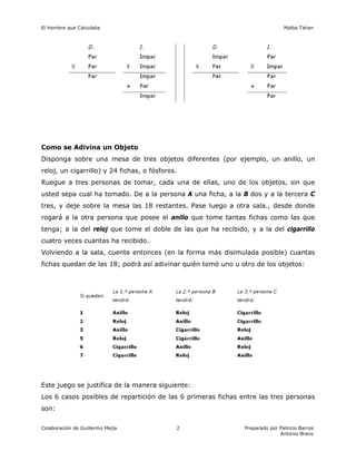 El Hombre que Calculaba Malba Tahan
Colaboración de Guillermo Mejía Preparado por Patricio Barros
Antonio Bravo
2
Como se Adivina un Objeto
Disponga sobre una mesa de tres objetos diferentes (por ejemplo, un anillo, un
reloj, un cigarrillo) y 24 fichas, o fósforos.
Ruegue a tres personas de tomar, cada una de ellas, uno de los objetos, sin que
usted sepa cual ha tomado. De a la persona A una ficha, a la B dos y a la tercera C
tres, y deje sobre la mesa las 18 restantes. Pase luego a otra sala., desde donde
rogará a la otra persona que posee el anillo que tome tantas fichas como las que
tenga; a la del reloj que tome el doble de las que ha recibido, y a la del cigarrillo
cuatro veces cuantas ha recibido.
Volviendo a la sala, cuente entonces (en la forma más disimulada posible) cuantas
fichas quedan de las 18; podrá así adivinar quién tomó uno u otro de los objetos:
Este juego se justifica de la manera siguiente:
Los 6 casos posibles de repartición de las 6 primeras fichas entre las tres personas
son:
 