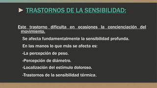 ► TRASTORNOS DE LA SENSIBILIDAD:
Este trastorno dificulta en ocasiones la concienciación del
movimiento.
Se afecta fundamentalmente la sensibilidad profunda.
En las manos lo que más se afecta es:
-La percepción de peso.
-Percepción de diámetro.
-Localización del estímulo doloroso.
-Trastornos de la sensibilidad térmica.
 