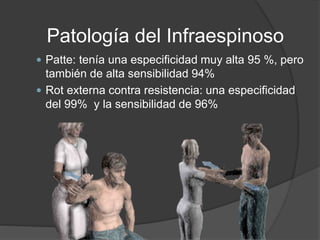  Patte: tenía una especificidad muy alta 95 %, pero
también de alta sensibilidad 94%
 Rot externa contra resistencia: una especificidad
del 99% y la sensibilidad de 96%
Patología del Infraespinoso
 