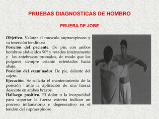 PRUEBAS DIAGNOSTICAS DE HOMBRO

                            PRUEBA DE JOBE

Objetivo. Valorar el musculo supraespinoso y
su inserción tendinosa.
Posición del paciente. De pie, con ambos
hombros abducidos 90° y rotados internamente
y los antebrazos pronados, de modo que los
pulgares siempre estarán orientados hacia
abajo.
Posición del examinador. De pie, delante del
sujeto.
Ejecución. Se solicita el mantenimiento de la
posición ante la aplicación de una fuerza
descente en ambos brazos.
Hallazgo positivo. El dolor o la incapacidad
para soportar la fuerza externa indican un
proceso inflamatorio o degenerativo en el
tendón del supraespinoso
 