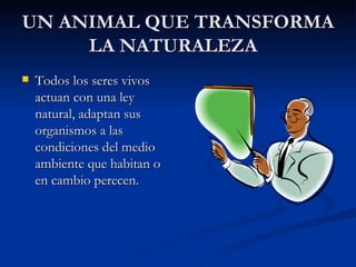 UN ANIMAL QUE TRANSFORMA LA NATURALEZA Todos los seres vivos actuan con una ley natural, adaptan sus organismos a las condiciones del medio ambiente que habitan o en cambio perecen. 