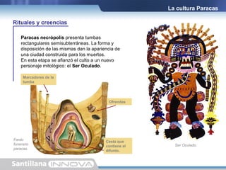 La cultura Paracas
Rituales y creencias
Paracas necrópolis presenta tumbas
rectangulares semisubterráneas. La forma y
disposición de las mismas dan la apariencia de
una ciudad construida para los muertos.
En esta etapa se afianzó el culto a un nuevo
personaje mitológico: el Ser Oculado.
Marcadores de la
tumba

Ofrendas

Fardo
funerario
paracas.

Cesta que
contiene al
difunto.

Ser Oculado.

 