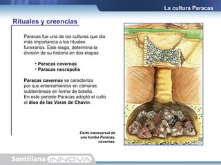 La cultura Paracas

Rituales y creencias
Paracas fue una de las culturas que dio
más importancia a los rituales
funerarios. Este rasgo, determina la
división de su historia en dos etapas:
• Paracas cavernas
• Paracas necrópolis
Paracas cavernas se caracteriza
por sus enterramientos en cámaras
subterráneas en forma de botella.
En este periodo Paracas adoptó el culto
al dios de las Varas de Chavín.

Corte transversal de
una tumba Paracas,
cavernas.

 