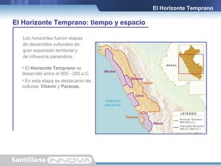 El Horizonte Temprano

El Horizonte Temprano: tiempo y espacio
Los horizontes fueron etapas
de desarrollos culturales de
gran expansión territorial y
de influencia panandina.
• El Horizonte Temprano se
desarrolló entre el 900 - 200 a.C.
• En esta etapa se destacaron las
culturas: Chavín y Paracas.

 