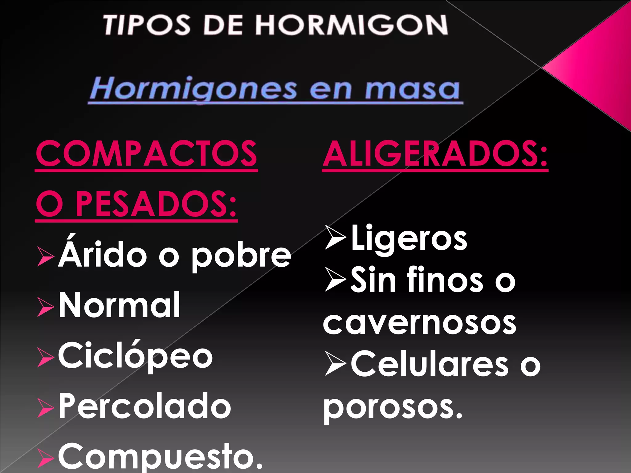 COMPACTOS        ALIGERADOS:
O PESADOS:
Árido o pobre
                 Ligeros
                 Sin finos o
Normal
                 cavernosos
Ciclópeo        Celulares o
Percolado       porosos.
Compuesto.
 