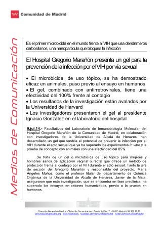 El hospital Gregorio Marañón presenta, junto a Ignacio González, un gel para la prevención de la infección por el vih por vía sexual