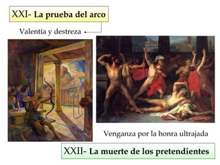 XXI- La prueba del arco
Valentía y destreza
XXII- La muerte de los pretendientes
Venganza por la honra ultrajada
 