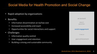 Social Media for Health Promotion and Social Change 
• Rapid adoption by organizations 
• Benefits 
• Information dissemination at no/low cost 
• Increased accessibility and reach 
• Opportunities for social interactions and support 
• Challenges 
• Information quality control 
• User engagement and retention 
• Building a strong and sustainable community 
an account 
doesn’t 
guarantee 
social engagement 
Is key to 
goal achievement 
(Korda & Itani, 2013; Moorhead et al., 2013) 2 
 