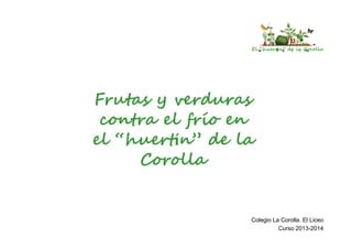El “huertín” de la Corolla

Frutas y verduras
contra el frío en
el “huertín” de la
Corolla

Colegio La Corolla. El Liceo
Curso 2013-2014

 