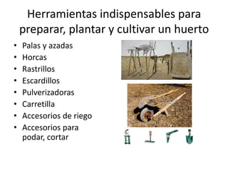 Herramientas indispensables para
    preparar, plantar y cultivar un huerto
•   Palas y azadas
•   Horcas
•   Rastrillos
•   Escardillos
•   Pulverizadoras
•   Carretilla
•   Accesorios de riego
•   Accesorios para
    podar, cortar
 