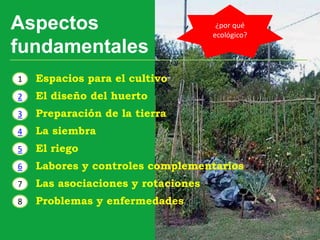 1
2
Aspectos
fundamentales
Espacios para el cultivo
El diseño del huerto
3 Preparación de la tierra
4 La siembra
5 El riego
6 Labores y controles complementarios
7 Las asociaciones y rotaciones
8 Problemas y enfermedades
¿por qué
ecológico?
 