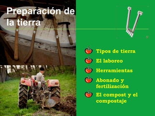 Preparación de
la tierra
El laboreo
Herramientas
Tipos de tierra
Abonado y
fertilización
El compost y el
compostaje
 