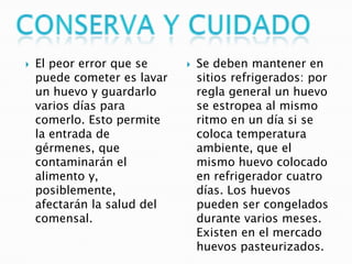    El peor error que se        Se deben mantener en
    puede cometer es lavar       sitios refrigerados: por
    un huevo y guardarlo         regla general un huevo
    varios días para             se estropea al mismo
    comerlo. Esto permite        ritmo en un día si se
    la entrada de                coloca temperatura
    gérmenes, que                ambiente, que el
    contaminarán el              mismo huevo colocado
    alimento y,                  en refrigerador cuatro
    posiblemente,                días. Los huevos
    afectarán la salud del       pueden ser congelados
    comensal.                    durante varios meses.
                                 Existen en el mercado
                                 huevos pasteurizados.
 