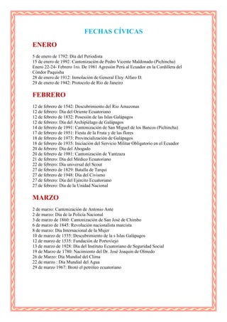 FECHAS CÍVICAS
ENERO
5 de enero de 1792: Día del Periodista
15 de enero de 1992: Cantonización de Pedro Vicente Maldonado (Pichincha)
Enero 22-24- Febrero 1ro. De 1981 Agresión Perú al Ecuador en la Cordillera del
Cóndor Paquisha
28 de enero de 1912: Inmolación de General Eloy Alfaro D.
29 de enero de 1942: Protocolo de Río de Janeiro

FEBRERO
12 de febrero de 1542: Descubrimiento del Río Amazonas
12 de febrero: Día del Oriente Ecuatoriano
12 de febrero de 1832: Posesión de las Islas Galápagos
12 de febrero: Día del Archipiélago de Galápagos
14 de febrero de 1991: Cantonización de San Miguel de los Bancos (Pichincha)
17 de febrero de 1951: Fiesta de la Fruta y de las flores
18 de febrero de 1973: Provincialización de Galápagos
18 de febrero de 1935: Iniciación del Servicio Militar Obligatorio en el Ecuador
20 de febrero: Día del Abogado
20 de febrero de 1981: Cantonización de Yantzaza
21 de febrero: Día del Médico Ecuatoriano
22 de febrero: Día universal del Scout
27 de febrero de 1829: Batalla de Tarqui
27 de febrero de 1948: Día del Civismo
27 de febrero: Día del Ejército Ecuatoriano
27 de febrero: Día de la Unidad Nacional

MARZO
2 de marzo: Cantonización de Antonio Ante
2 de marzo: Día de la Policía Nacional
3 de marzo de 1860: Cantonización de San José de Chimbo
6 de marzo de 1845: Revolución nacionalista marcista
8 de marzo: Día Internacional de la Mujer
10 de marzo de 1535: Descubrimiento de la s Islas Galápagos
12 de marzo de 1535: Fundación de Portoviejo
13 de marzo de 1928: Día del Instituto Ecuatoriano de Seguridad Social
19 de Marzo de 1780: Nacimiento del Dr. José Joaquín de Olmedo
26 de Marzo: Día Mundial del Clima
22 de marzo : Día Mundial del Agua
29 de marzo 1967: Brotó el petróleo ecuatoriano
 