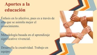 Aportes a la
educación
Énfasis en lo afectivo, pues es a través de
ello que se asimila mejor el
conocimiento.
Metodología basada en el aprendizaje
significativo vivencial.
Desarrolla la creatividad. Trabajo en
equipo.
 