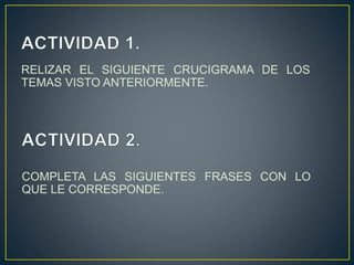 RELIZAR EL SIGUIENTE CRUCIGRAMA DE LOS
TEMAS VISTO ANTERIORMENTE.
COMPLETA LAS SIGUIENTES FRASES CON LO
QUE LE CORRESPONDE.
 