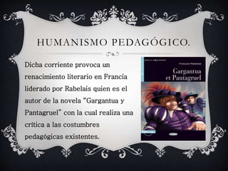 HUMANISMO PEDAGÓGICO. 
Dicha corriente provoca un 
renacimiento literario en Francia 
liderado por Rabelais quien es el 
autor de la novela “Gargantua y 
Pantagruel” con la cual realiza una 
crítica a las costumbres 
pedagógicas existentes. 
 