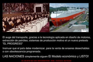 EL HURTO DE LOS MOVIMIENTOS POR NATALIA AGUILAR
El auge del transporte, gracias a la tecnología aplicada en diseño de motores,
extracción de petróleo, sistemas de producción motivo el un nuevo pretexto
"EL PROGRESO”
Insinuar que el país debe modernizar, para la venta de enseres desechables
o con obsolescencia programada.
LAS NACIONES simplemente siguen El Modelo económico y LISTO!
 