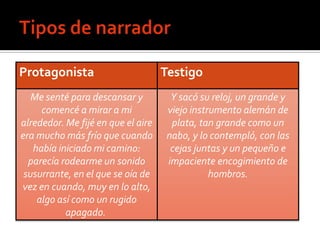 Protagonista                        Testigo
   Me senté para descansar y         Y sacó su reloj, un grande y
     comencé a mirar a mi           viejo instrumento alemán de
alrededor. Me fijé en que el aire    plata, tan grande como un
era mucho más frío que cuando       nabo, y lo contempló, con las
   había iniciado mi camino:         cejas juntas y un pequeño e
  parecía rodearme un sonido        impaciente encogimiento de
 susurrante, en el que se oía de               hombros.
vez en cuando, muy en lo alto,
    algo así como un rugido
           apagado.
 