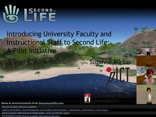 Introducing University Faculty and Instructional Staff to Second Life:  A Pilot Initiative Suzanne Aurilio 