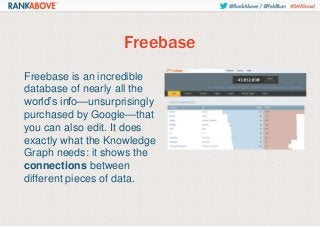 Freebase
Freebase is an incredible
database of nearly all the
world’s info—unsurprisingly
purchased by Google—that
you can also edit. It does
exactly what the Knowledge
Graph needs: it shows the
connections between
different pieces of data.

 