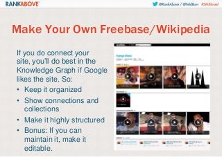 Make Your Own Freebase/Wikipedia
If you do connect your
site, you’ll do best in the
Knowledge Graph if Google
likes the site. So:
• Keep it organized
• Show connections and
collections
• Make it highly structured
• Bonus: If you can
maintain it, make it
editable.

 