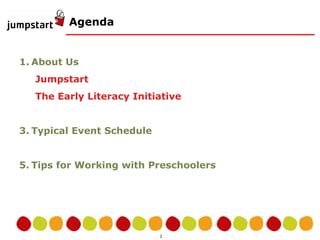 Agenda About Us Jumpstart The Early Literacy Initiative Typical Event Schedule Tips for Working with Preschoolers 
