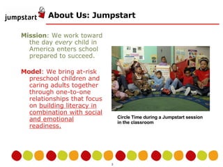 About Us: Jumpstart Mission : We work toward the day  every  child in America enters school prepared to succeed.  Model : We bring at-risk preschool children and caring adults together through one-to-one relationships that focus on  building literacy in combination with social and emotional readiness.   Circle Time during a Jumpstart session  in the classroom 