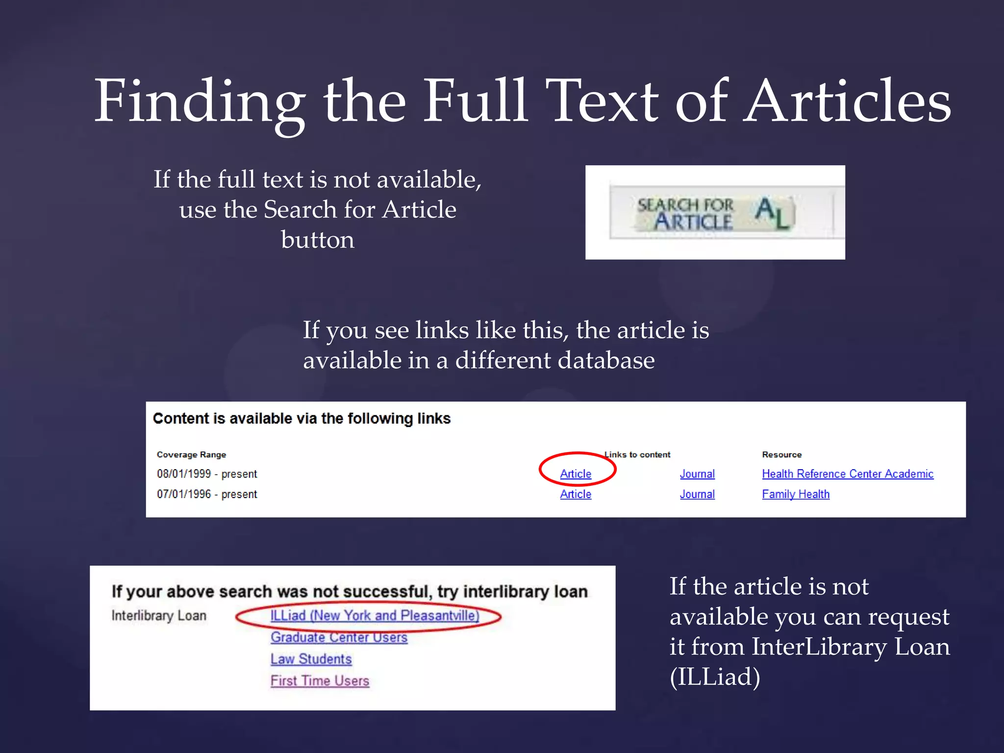 Finding the Full Text of Articles
If the full text is not available,
use the Search for Article
button
If you see links like this, the article is
available in a different database
If the article is not
available you can request
it from InterLibrary Loan
(ILLiad)
 