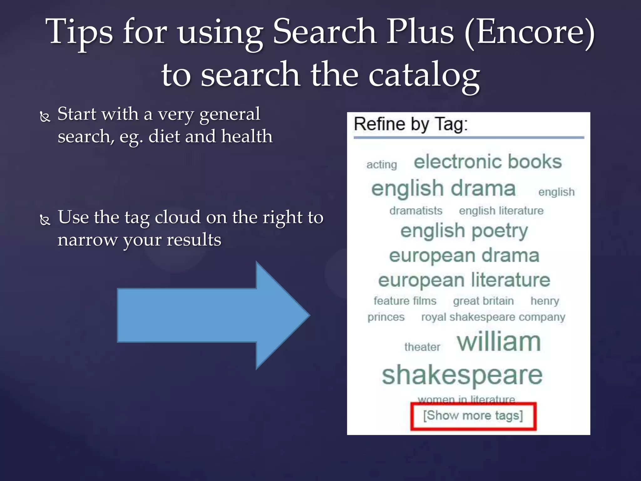  Start with a very general
search, eg. diet and health
 Use the tag cloud on the right to
narrow your results
Tips for using Search Plus (Encore)
to search the catalog
 