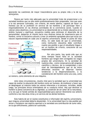 Ética Profesional ___________________________________________________________
6 ___________________________________________________ Ética y Legislación Informática
ignorando las cuestiones de mayor trascendencia para su propia vida y la de sus
semejantes.
Parece por tanto más adecuado que la universidad trate de proporcionar a la
sociedad hombres que no sólo estén profesionalmente bien preparados, sino que sean
a la vez personas cultivadas, con criterio, de mente abierta, capaces de hacer un
honesto uso de su profesión en servicio de los hombres y de participar libre y
responsablemente en las diversas actividades de la convivencia social. Cuando se
valoran estos objetivos y la universidad no se desentiende de su misión educativa en el
ámbito humano y espiritual, encuentra medios para estimular el desarrollo de la
personalidad, despertar el interés hacia muy diversos temas de importancia para el
hombre, avivar la iniciativa cultural y crear un ambiente apropiado para que surja con
natural espontaneidad en cada uno el espíritu universitario. Desde el punto de vista
ético, no cabe duda de que la universidad,
como institución educativa debe contribuir
cuanto sea posible a que el estudiante llegue a
ser un hombre de criterio, consciente de sus
responsabilidades.
Por otra parte, hoy quizá más que en
otros tiempos hacen falta en la sociedad
hombres que tengan bien arraigados los rasgos
propios del universitario. En la sociedad de
nuestros días, -como consecuencia del progreso
científico y técnico, de la complejidad y alto
nivel de interdependencia que se da entre
diferentes sectores- se observan fuertes
tendencias a la despersonalización, a la
consideración del hombre como una cosa, como
un número, como elemento de una máquina.
Ante estas circunstancias, resulta vital para la sociedad que la universidad sea
capaz de exaltar la educación del hombre como ser humano, de enaltecer y hacer que
se desplieguen al máximo todos los valores inherentes a la persona, incluidos, desde
luego, los principios éticos orientadores de su conducta moral. Hay que devolver al
hombre la plena conciencia de su dignidad, su condición de ser señor de la naturaleza,
a la vez que el hondo sentido de responsabilidad para ejercer libremente ese señorío
conforme a las más altas miras y en servicio de los demás hombres.
Esto habría de ser el núcleo constitutivo e informador del espíritu universitario,
que ninguna universidad debería desatender. Si la universidad hace lo más posible por
avivar y fortalecer ese espíritu aportará a la sociedad una contribución de sumo valor,
en la que difícilmente, podría ser sustituida.
 