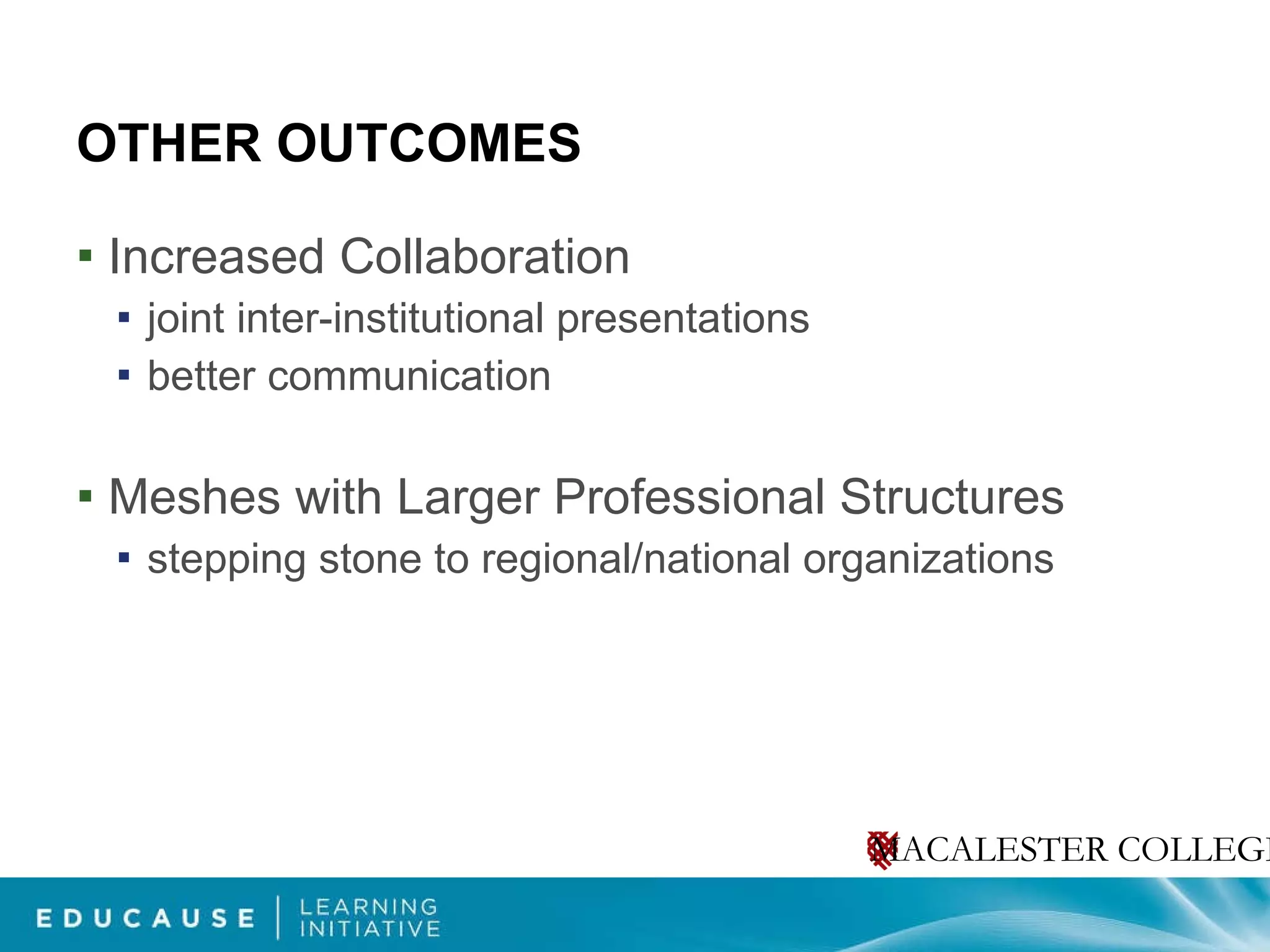 OTHER OUTCOMES Increased Collaboration joint inter-institutional presentations better communication Meshes with Larger Professional Structures stepping stone to regional/national organizations 