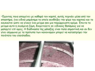 •Έχοντας ποια απομείνει με καθαρό τον καρπό, αυτός περνάει μέσα από τον
σπαστήρα, ένα ειδικό μηχάνημα το οποίο συνθλίβει την ψίχα του καρπού και το
κουκούτσι ώστε να γίνουν ένα μείγμα σαν μια παχύρρευστη κρέμα. Έπειτα το
μείγμα αυτό η λεγόμενη ζύμη, διοχετεύετε σε ειδικούς θαλάμους για να
μαλαχτεί επί ώρες. Η διαδικασία της μάλαξης είναι πολύ σημαντική και αν δεν
γίνει σύμφωνα με τα πρότυπα των κανονισμών μπορεί να καταστρέψει την
ποιότητα του ελαιόλαδου.
 