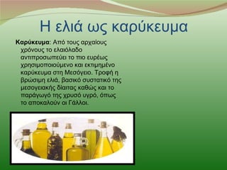 Η ελιά ως καρύκευμα
Καρύκευμα: Από τους αρχαίους
 χρόνους το ελαιόλαδο
 αντιπροσωπεύει το πιο ευρέως
 χρησιμοποιούμενο και εκτιμημένο
 καρύκευμα στη Μεσόγειο. Τροφή η
 βρώσιμη ελιά, βασικό συστατικό της
 μεσογειακής δίαιτας καθώς και το
 παράγωγό της χρυσό υγρό, όπως
 το αποκαλούν οι Γάλλοι.
 