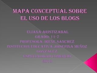Mapa conceptual sobre el uso de los blogs ELIANA ARISTIZABAL Grado: 11-7 Profesora: IRENE SANCHEZ INSTITUCION EDUCATIVA JOISEFINA MUÑOZ GONZALEZ ESPECIALIDAD COMERCIO 2010 