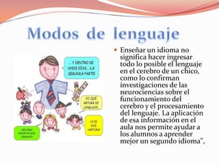 Enseñar un idioma no significa hacer ingresar todo lo posible el lenguaje en el cerebro de un chico, como lo confirman investigaciones de las neurociencias sobre el funcionamiento del cerebro y el procesamiento del lenguaje. La aplicación de esa información en el aula nos permite ayudar a los alumnos a aprender mejor un segundo idioma",Modos  de  lenguaje