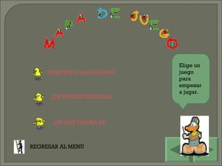 Elige un juego para empezar a jugar. IDENTIFICO LAS FIGURAS REGRESAR AL MENÚ ¿EN DÓNDE ESTAN LAS FIGURAS? ¿DE QUE FIGURA SE TRATA? 