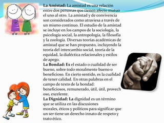 La Amistad: La amistad es una relación
entre dos personas que tienen afecto mutuo
el uno al otro. La amistad y de convivencia
son considerados como atraviesa a través de
un mismo continuo. El estudio de la amistad
se incluye en los campos de la sociología, la
psicología social, la antropología, la filosofía
y la zoología. Diversas teorías académicas de
amistad que se han propuesto, incluyendo la
teoría del intercambio social, teoría de la
equidad, la dialéctica relacionales y estilos
de apego.
La Bondad: Es el estado o cualidad de ser
bueno, sobre todo moralmente bueno o
beneficioso. En cierto sentido, es la cualidad
de tener calidad. En otras palabras en el
campo de texto de la bondad:
beneficiosos, remunerado, útil, útil, provech
oso, excelente.
La Dignidad: La dignidad es un término
que se utiliza en las discusiones
morales, éticos y políticos para significar que
un ser tiene un derecho innato de respeto y
trato ético.

 