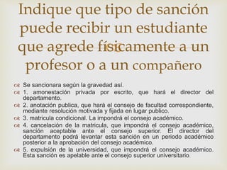 Indique que tipo de sanción 
puede recibir un estudiante 
que agrede físicamente  
a un 
profesor o a un compañero 
 Se sancionara según la gravedad así. 
 1. amonestación privada por escrito, que hará el director del 
departamento. 
 2. anotación publica, que hará el consejo de facultad correspondiente, 
mediante resolución motivada y fijada en lugar publico. 
 3. matricula condicional. La impondrá el consejo académico. 
 4. cancelación de la matricula, que impondrá el consejo académico, 
sanción aceptable ante el consejo superior. El director del 
departamento podrá levantar esta sanción en un periodo académico 
posterior a la aprobación del consejo académico. 
 5. expulsión de la universidad, que impondrá el consejo académico. 
Esta sanción es apelable ante el consejo superior universitario. 
 
