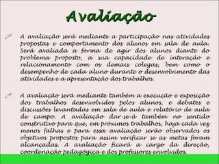 Avaliação A avaliação será mediante a participação nas atividades propostas e comportamento dos alunos em sala de aula. Será avaliada a forma de agir dos alunos diante do problema proposto, a sua capacidade de interação e relacionamento com os demais colegas, bem como o desempenho de cada aluno durante o desenvolvimento das atividades e a apresentação dos trabalhos.  A avaliação será mediante também a execução e exposição dos trabalhos desenvolvidos pelos alunos, e debates e discussões levantadas em sala de aula e relatório de aula de campo. A avaliação dar-se-á também no sentido construtivo para que, em próximos trabalhos, haja cada vez menos falhas e para essa avaliação serão observados os objetivos propostos para assim verificar se as metas foram alcançadas. A avaliação ficará a cargo da direção, coordenação pedagógica e dos professores envolvidos. 