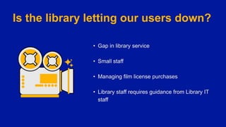Is the library letting our users down?
• Gap in library service
• Small staff
• Managing film license purchases
• Library staff requires guidance from Library IT
staff
 