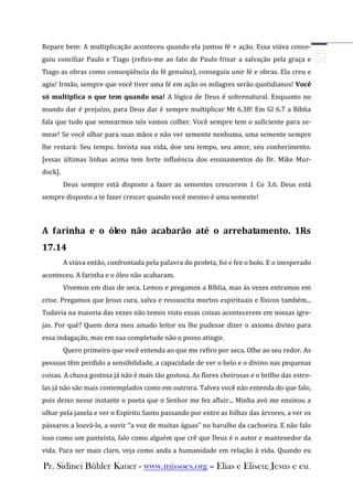 Repare bem: A multiplicação aconteceu quando ela juntou fé + ação. Essa viúva conse-
guiu conciliar Paulo e Tiago (refiro-me ao fato de Paulo frisar a salvação pela graça e
Tiago as obras como conseqüência da fé genuína), conseguiu unir fé e obras. Ela creu e
agiu! Irmão, sempre que você tiver uma fé em ação os milagres serão quotidianos! Você
só multiplica o que tem quando usa! A lógica de Deus é sobrenatural. Enquanto no
mundo dar é prejuízo, para Deus dar é sempre multiplicar Mt 6.38! Em Gl 6.7 a Bíblia
fala que tudo que semearmos nós vamos colher. Você sempre tem o suficiente para se-
mear! Se você olhar para suas mãos e não ver semente nenhuma, uma semente sempre
lhe restará: Seu tempo. Invista sua vida, doe seu tempo, seu amor, seu conhecimento.
[essas últimas linhas acima tem forte influência dos ensinamentos do Dr. Mike Mur-
dock].
         Deus sempre está disposto a fazer as sementes crescerem 1 Co 3.6. Deus está
sempre disposto a te fazer crescer quando você mesmo é uma semente!



A farinha e o óleo não acabarão até o arrebatamento. 1Rs
17.14
         A viúva então, confrontada pela palavra do profeta, foi e fez o bolo. E o inesperado
aconteceu. A farinha e o óleo não acabaram.
         Vivemos em dias de seca. Lemos e pregamos a Bíblia, mas às vezes entramos em
crise. Pregamos que Jesus cura, salva e ressuscita mortos espirituais e físicos também...
Todavia na maioria das vezes não temos visto essas coisas acontecerem em nossas igre-
jas. Por quê? Quem dera meu amado leitor eu lhe pudesse dizer o axioma divino para
essa indagação, mas em sua completude não o posso atingir.
         Quero primeiro que você entenda ao que me refiro por seca. Olhe ao seu redor. As
pessoas têm perdido a sensibilidade, a capacidade de ver o belo e o divino nas pequenas
coisas. A chuva gostosa já não é mais tão gostosa. As flores cheirosas e o brilho das estre-
las já não são mais contemplados como em outrora. Talvez você não entenda do que falo,
pois deixo nesse instante o poeta que o Senhor me fez afluir... Minha avó me ensinou a
olhar pela janela e ver o Espírito Santo passando por entre as folhas das árvores, a ver os
pássaros a louvá-lo, a ouvir “a voz de muitas águas” no barulho da cachoeira. E não falo
isso como um panteísta, falo como alguém que crê que Deus é o autor e mantenedor da
vida. Para ser mais claro, veja como anda a humanidade em relação à vida. Quando eu

Pr. Sidinei Bühler Kauer - www.missoes.org – Elias e Eliseu; Jesus e eu.
 