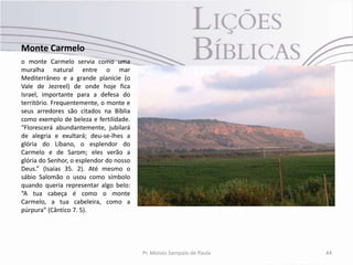 Monte Carmelo
o monte Carmelo servia como uma
muralha natural entre o mar
Mediterrâneo e a grande planície (o
Vale de Jezreel) de onde hoje fica
Israel, importante para a defesa do
território. Frequentemente, o monte e
seus arredores são citados na Bíblia
como exemplo de beleza e fertilidade.
“Florescerá abundantemente, jubilará
de alegria e exultará; deu-se-lhes a
glória do Líbano, o esplendor do
Carmelo e de Sarom; eles verão a
glória do Senhor, o esplendor do nosso
Deus.” (Isaías 35. 2). Até mesmo o
sábio Salomão o usou como símbolo
quando queria representar algo belo:
“A tua cabeça é como o monte
Carmelo, a tua cabeleira, como a
púrpura” (Cântico 7. 5).




                                         Pr. Moisés Sampaio de Paula   44
 