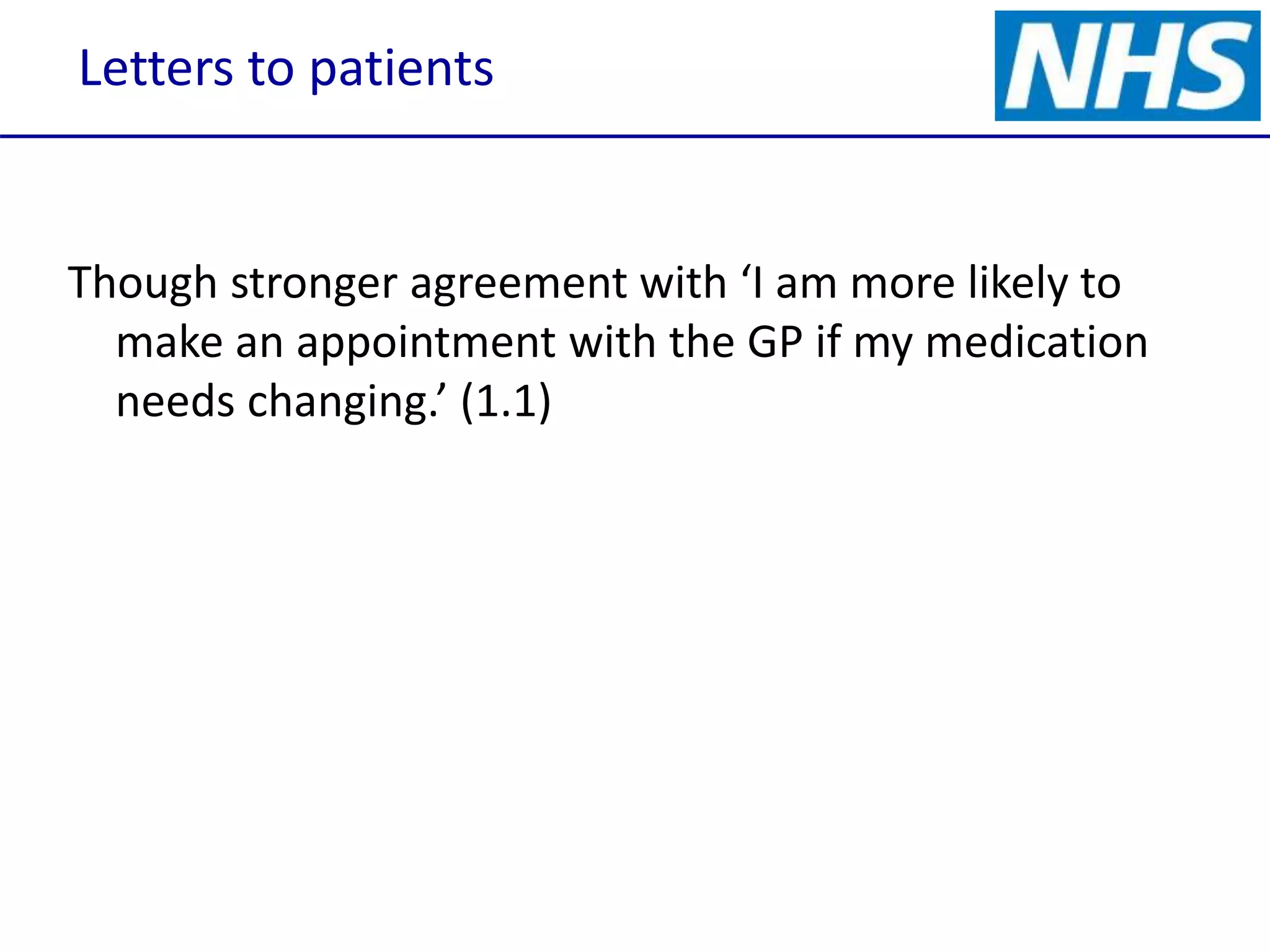 Letters to patients
Though stronger agreement with ‘I am more likely to
make an appointment with the GP if my medication
needs changing.’ (1.1)
 